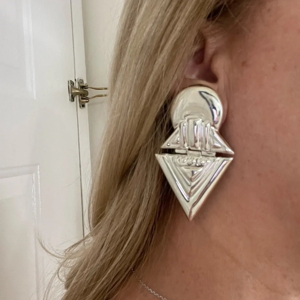 Sterling Silver Geometric Clip Earrings - Picture 10 of 11